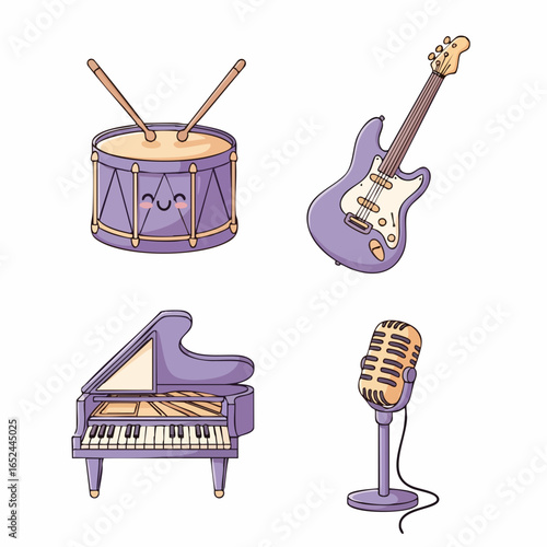 Illustration Vector SVG Set of Musical Instruments with Cute Cartoon Style in Pastel Purple and Beige Colors for Children's Music Design