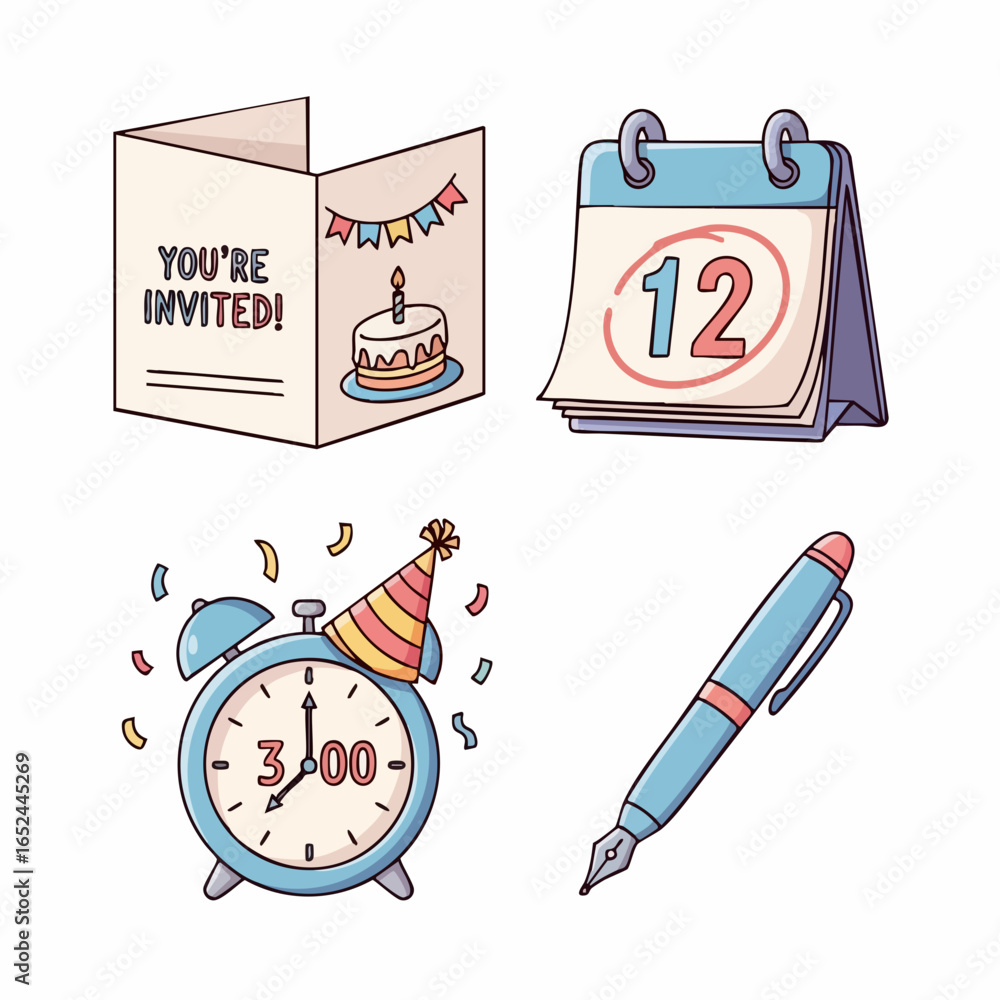 Fototapeta premium Cute Vector SVG Illustration Set with Birthday Invitation Calendar Alarm Clock and Pen in Flat Design Style