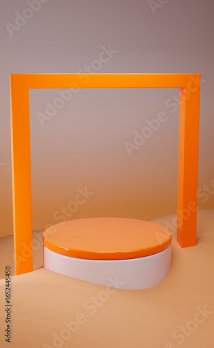 A striking and minimalist 3D render featuring a vibrant orange circular podium taking center stage in a vast, monochromatic orange desert.