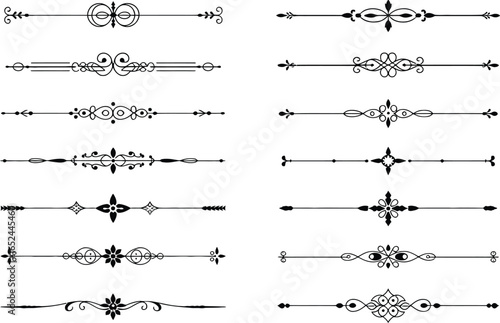 Ornamental Divider Set, Flourish Border Elements with Decorative Lines in Black and White