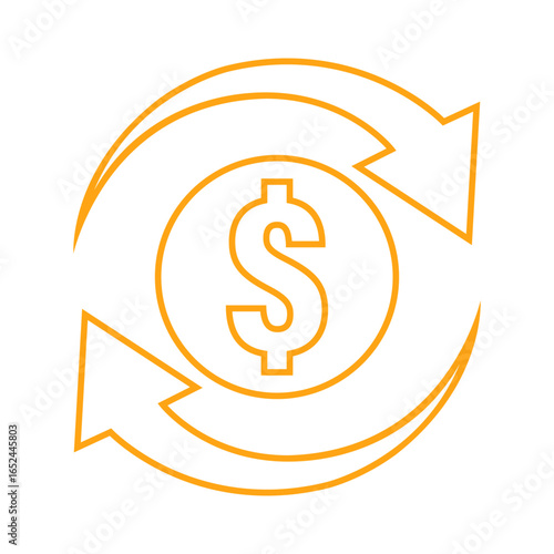 Dollar coin icon with circular arrows representing exchange, transaction, and currency conversion. Perfect for fintech, banking, financial apps, and global business design