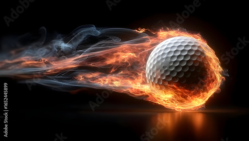 An explosive golf ball racing through the air, surrounded by flames and smoke, showcasing the power and speed of the sport in a dramatic visual.