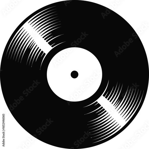 Retro Vinyl Record Disk Black Round Shape with White Center and Label on White