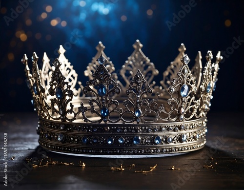 Intricate royal crown with blue gemstone accents against a dark atmospheric backdrop
