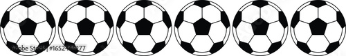 Row of Six Black and White Soccer Balls on White Seamless Background, Sports Theme