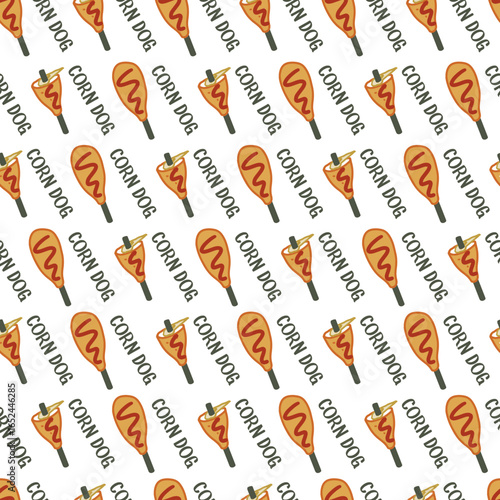 Cheese-Filled Fried Corn dog with Sauce Pattern. Cartoon-style fried corn dogs drizzled with red ketchup. Perfect for food packaging, fast food branding, street food, and snack-themed.