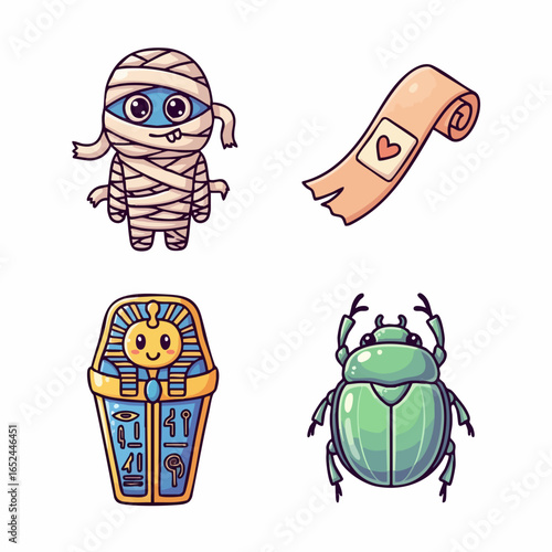 Cute Cartoon Vector SVG Set with Mummy Character Scroll Toy Scarab and Egyptian Sarcophagus Geometric Flat Style Bright Colors
