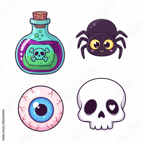 Cute Cartoon SVG Illustration Set Featuring Potion Bottle Spider Eye and Skull in Flat Design Style with Bright Colors for Web and Children's Content