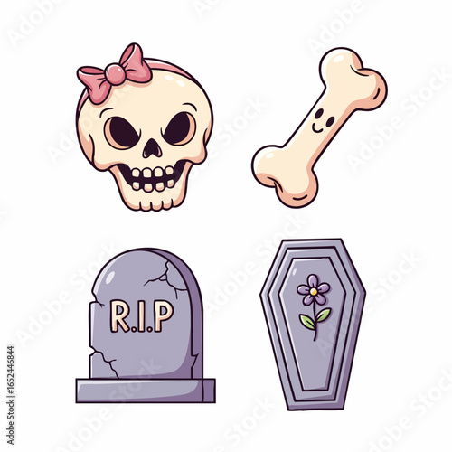 Cute Cartoon Vector SVG Illustration of Skull Bone Tombstone Coffin and Flower in Flat Design Style with Pastel Colors for Halloween or Gothic Theme