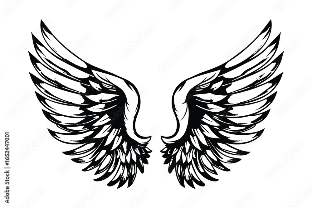 Fototapeta premium Angel wings vector illustration with black feather silhouette design