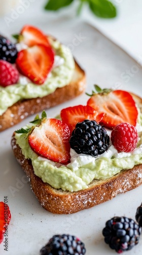 Wallpaper Mural Delicious avocado toast with berries and mint on a white plate   Torontodigital.ca