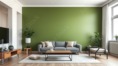 Modern living room with a green accent wall and minimalist furniture, creating a serene and stylish space.