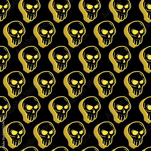 Grunge Yellow Skull Seamless Vector for October. Creepy Halloween seamless pattern featuring distorted skull bones. Perfect for spooky October decorations, party invites, and eerie fabric designs.