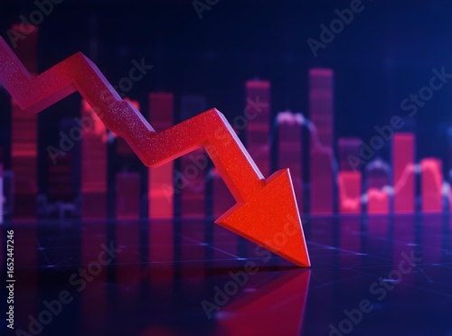 3d render of a red arrow pointing diagonally downwards symbolizing financial loss, fail,  negative trend or decline. The background consist of a blurred glowing red financial bar chart.