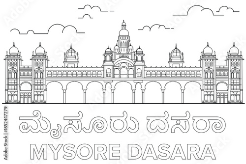 Mysore Dasara Palace Festival, Simple Line Illustration of Palace, Mysore Dasara Title Text Written in Kannada, hand drawn in line style.