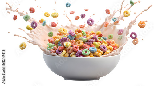 Energetic colorful cereal splash in milk, perfect for breakfast advertising and vibrant food concepts.