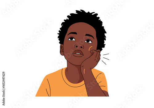 Young african american boy with dark curly hair wearing an orange shirt resting his chin on his hand looking upwards with a thoughtful expression as if contemplating a difficult decision