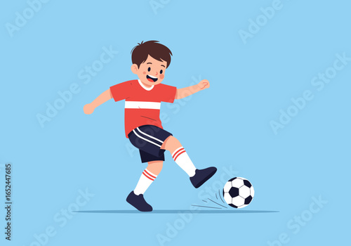 Energetic young boy enthusiastically kicking a soccer ball during outdoor playtime