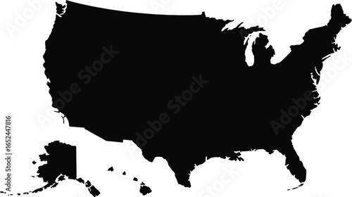 United States of America Map Silhouette With Hawaii and Alaska on White