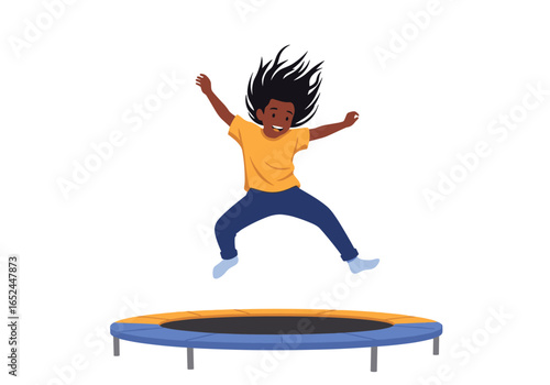 A joyful young child leaps high in the air while bouncing on an outdoor trampoline having fun