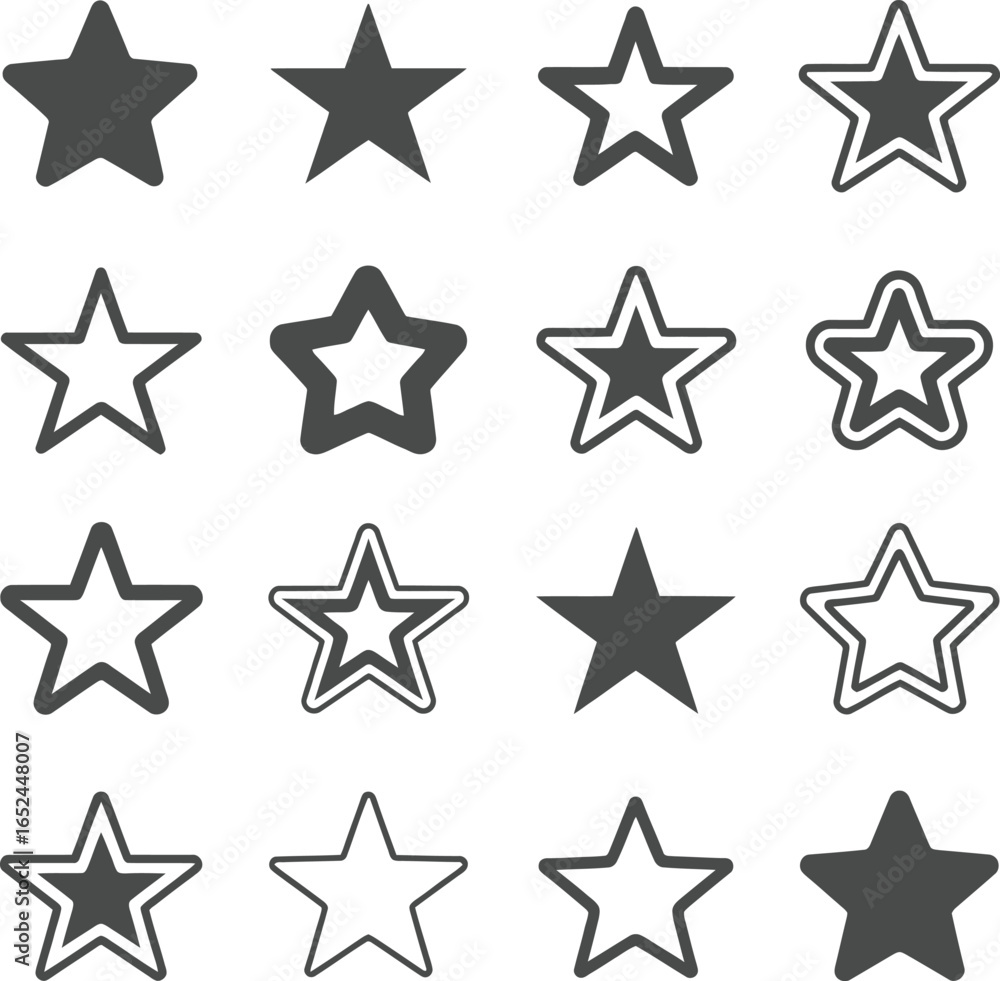 Fototapeta premium Variety of Star Shapes, Set of Star Icons, Starry Elements, Icons on White