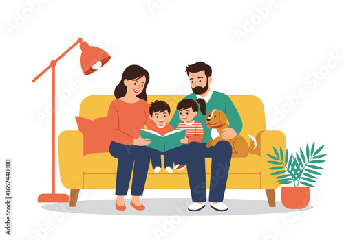 A cheerful family enjoying story time together on a cozy yellow sofa with their pet dog and a plant for a touch of nature