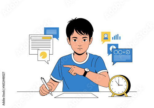 Focused young student diligently studying and learning new concepts with a ticking clock symbolizing time management and academic pressure