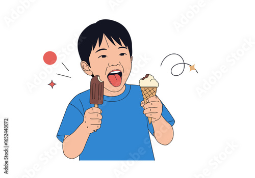 Young boy happily enjoys delicious frozen desserts on a bright summer day with an excited expression on his face