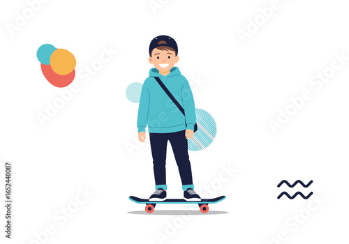 Young boy enjoying a fun day outdoors riding his skateboard with a smile