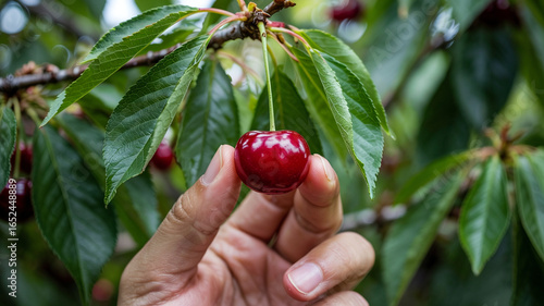 A cherry is carefully removed from the stem and popped into someone’s mouth