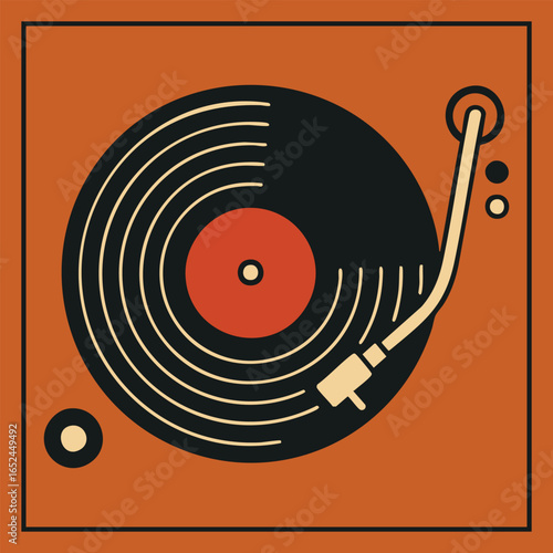 Retro turntable with vinyl record and tonearm on orange square background