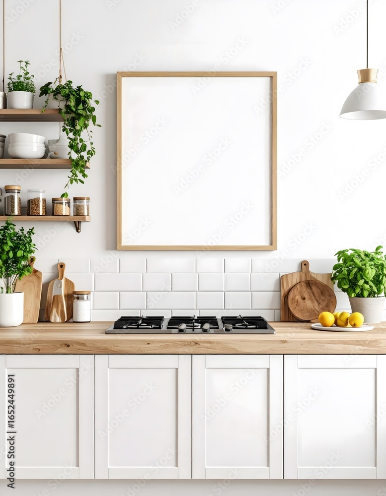 Fototapeta premium Bright kitchen with blank frame, wooden countertop, and green plants