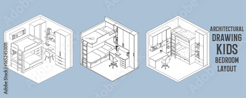Architectural drawings of kids bedroom layout with bunk beds, study desk, storage shelves, and wardrobe in modern isometric vector design