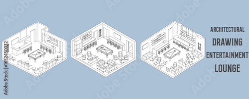 Architectural drawings of modern entertainment lounge layout with pool table, stylish bar counter, and comfortable seating in isometric vector design