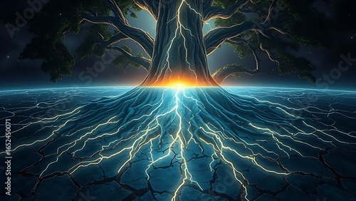 Ancient tree roots glowing beneath a cracked island surface, resembling buried lightning.