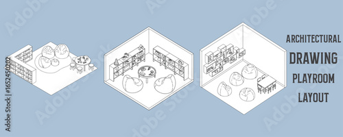 Architectural drawings of modern playroom layout with toy shelves, bean bags, and activity table in isometric vector illustration