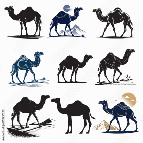 Collection of stylized camel silhouettes vector : desert landscape, monochrome palette, elegant design.