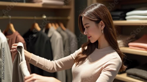 A young woman smiles while holding a folded sweater inside a boutique. The camera circles around her as clothes sway slightly, creating a cinematic and elegant shopping atmosphere.