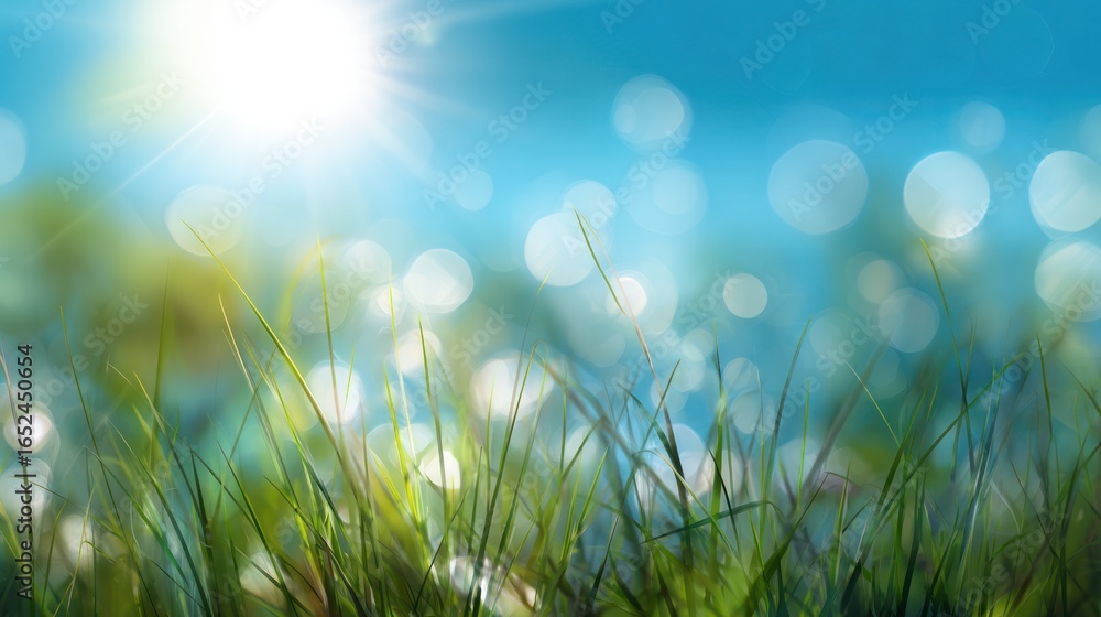 Fototapeta premium Lush green grass against a bright sky