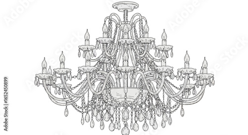 Intricate chandelier with multiple candle fixtures and hanging crystal pendants