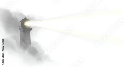 Lighthouse shining bright surrounded by mist
