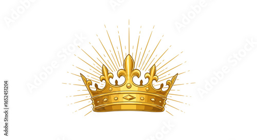 A golden crown with fleurdelis symbols radiating light beams on a white background