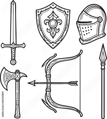 Medieval weapons and armor vertical lineup sword shield helmet axe bow and spear