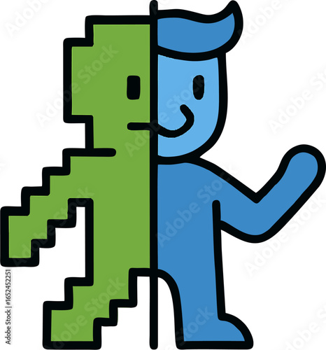 Creative vector illustration of half pixelated retro green character merging with modern blue human figure, symbolizing transition between digital and real worlds