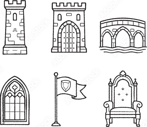 Medieval architecture and symbols tower gate arch window flag and throne line art