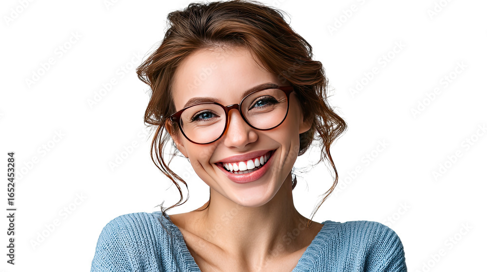 Obraz premium Radiant Smile: A captivating headshot of a cheerful woman adorned with stylish eyeglasses, her expressive eyes and bright smile radiating warmth and confidence. 