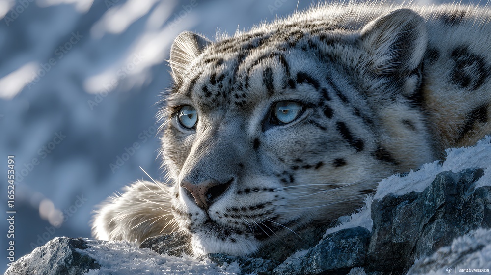 Obraz premium Snow leopard portrait close up with blue eyes wildlife photography animal feline predator winter landscape