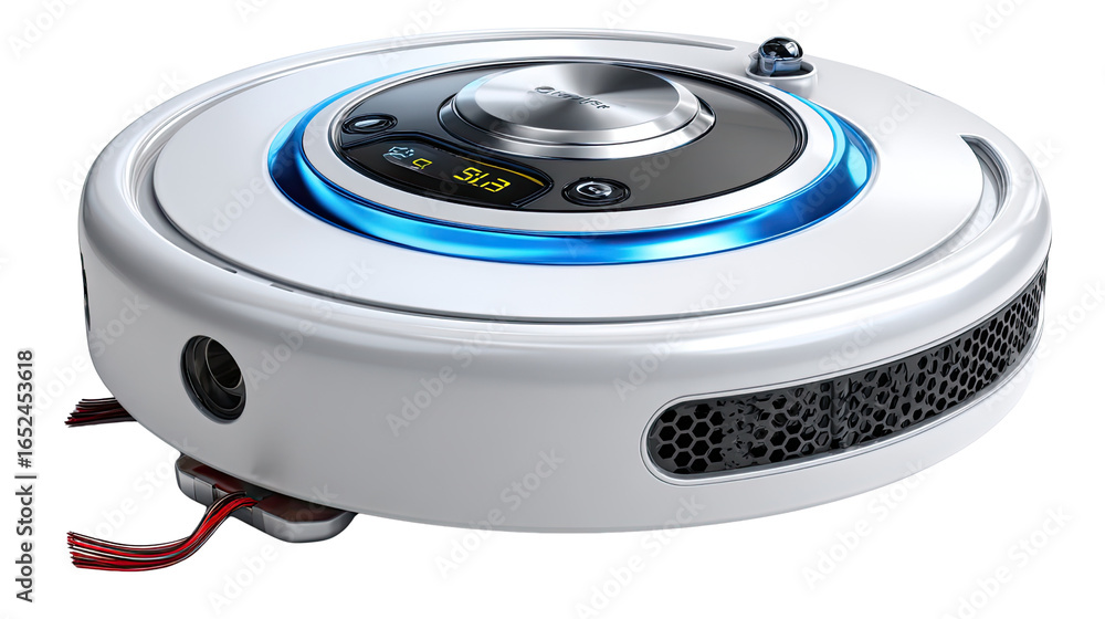 Fototapeta premium Robotic Vacuum Cleaner: Sleek, modern robotic vacuum cleaner, a symbol of automated home cleanliness, captured from a dynamic angle.