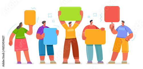 Group of people holding blank signs for messages. Students standing with placard in hands. Public opinion