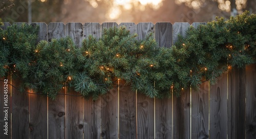 Festive Green Garland and Fairy Lights Adorning a Rustic Wooden Fence at Sunset.